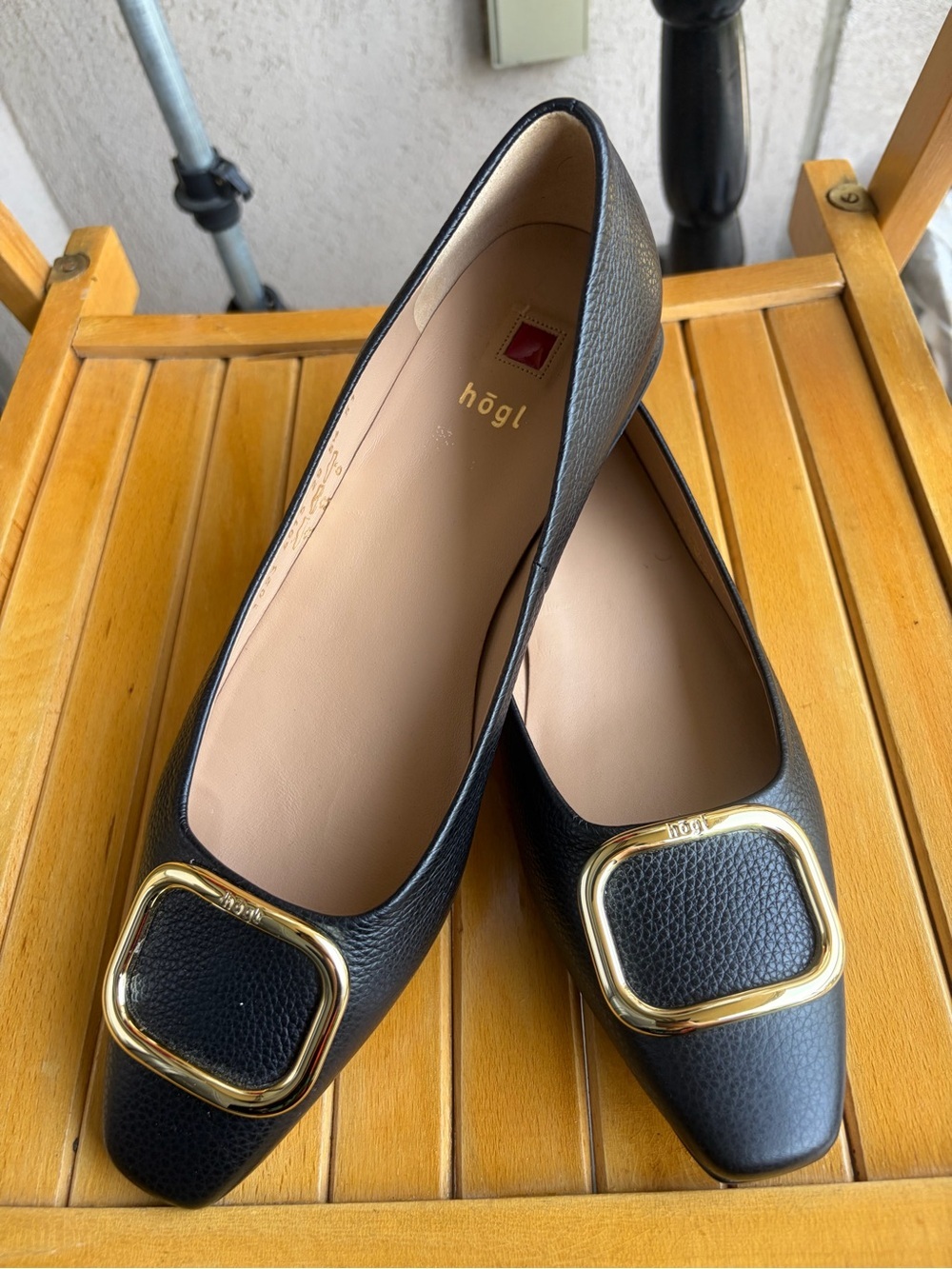 HŌGI Black Leather Square-Toe Flats with Gold Buckle - 5.5UK/7.5-8 US